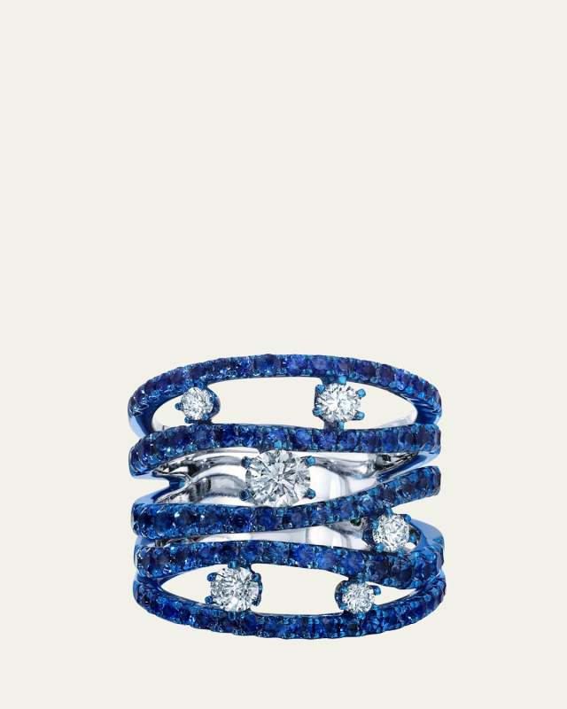 18K White Gold Rio Cage Diamond and Sapphire Ring with Blue Rhodium, Size